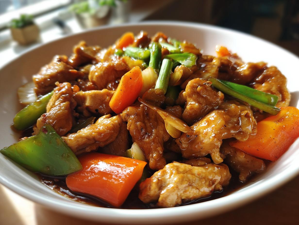 Close-up of a delicious chicken stir-fry with colorful bell peppers, carrots, and green onions, part of easy dinner recipes.