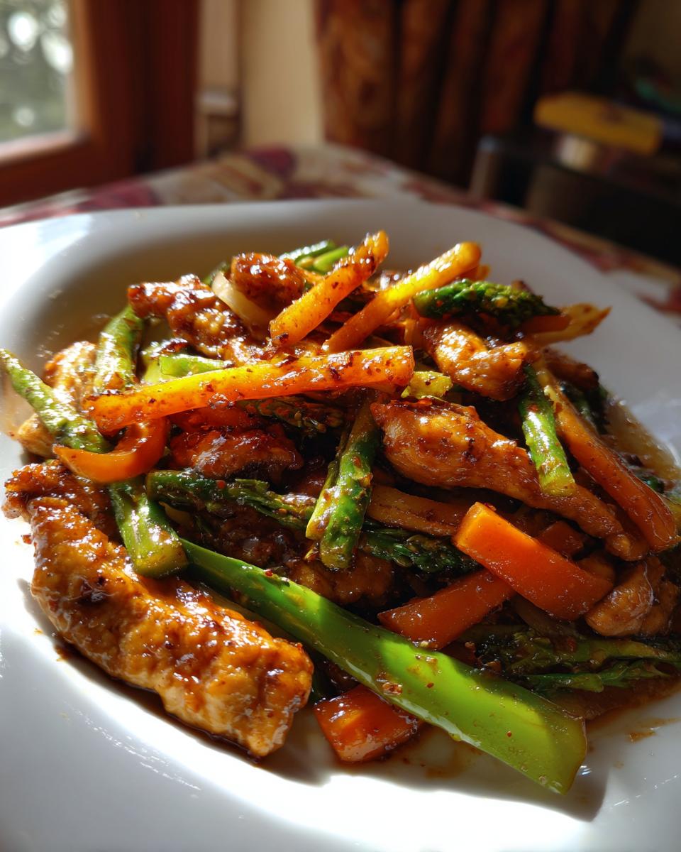 A close-up of a delicious chicken and vegetable stir-fry, featuring tender chicken strips, asparagus, carrots, and bell peppers in a savory sauce. An easy dinner recipe.