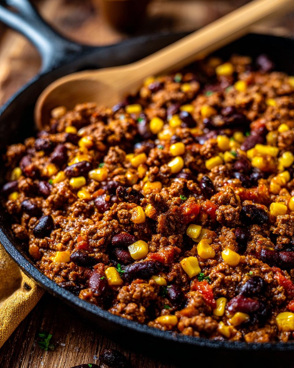Close-up of a hearty skillet chili with ground beef, kidney beans, and corn, perfect for easy dinner recipes.