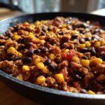 Close-up of a hearty skillet chili with ground meat, black beans, corn, and tomatoes, perfect for easy dinner recipes.