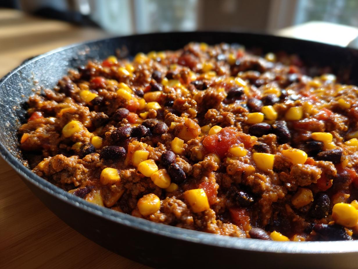Close-up of a hearty skillet chili with ground meat, black beans, corn, and tomatoes, perfect for easy dinner recipes.