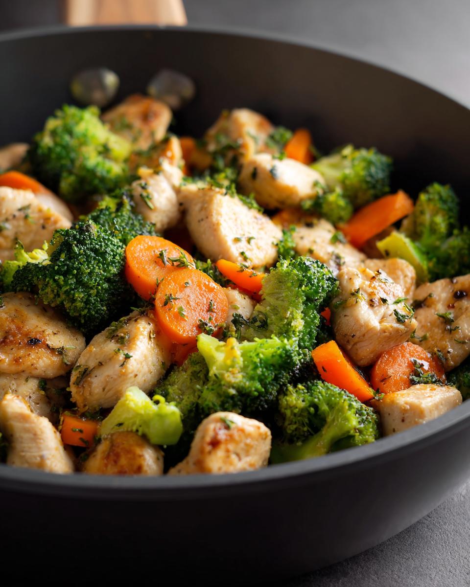 Close-up of a pan filled with chicken breast pieces, broccoli florets, and sliced carrots, seasoned with herbs. An easy healthy dinner recipe.