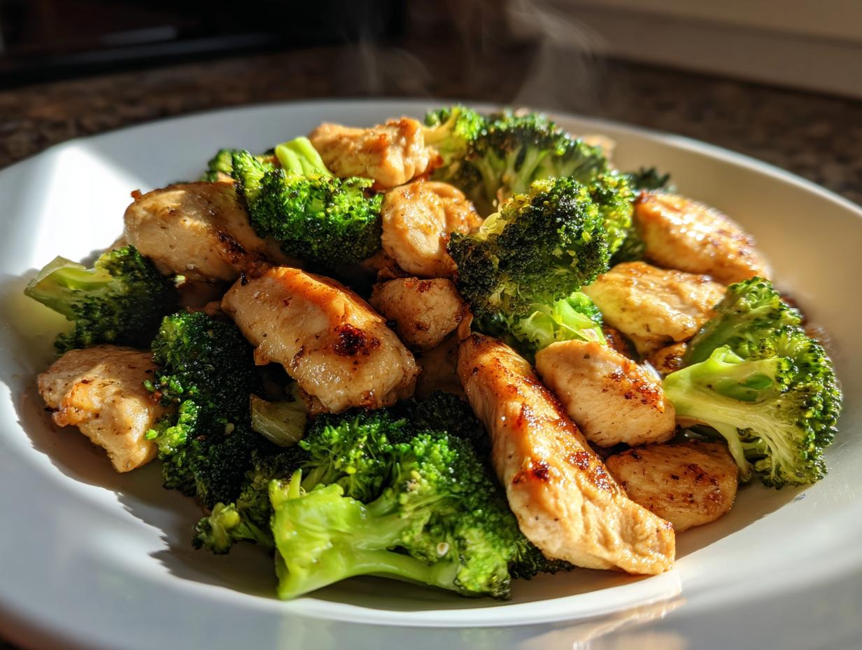 Grilled chicken pieces with steamed broccoli in a white bowl for easy healthy dinner recipes