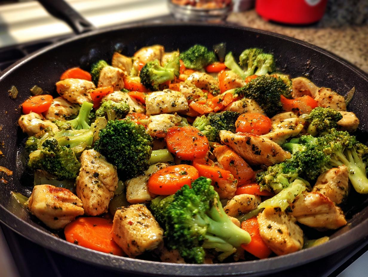 Close-up of a pan filled with chicken and broccoli stir-fry, part of easy healthy dinner recipes.