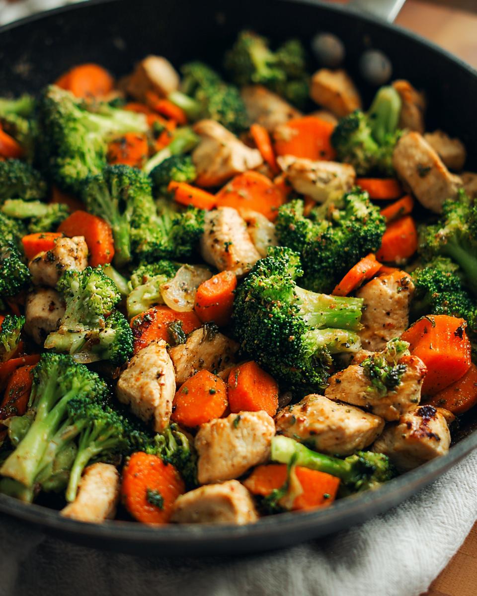 Close-up of a skillet filled with chicken breast pieces and vibrant broccoli florets and carrot slices, part of easy healthy dinner recipes.