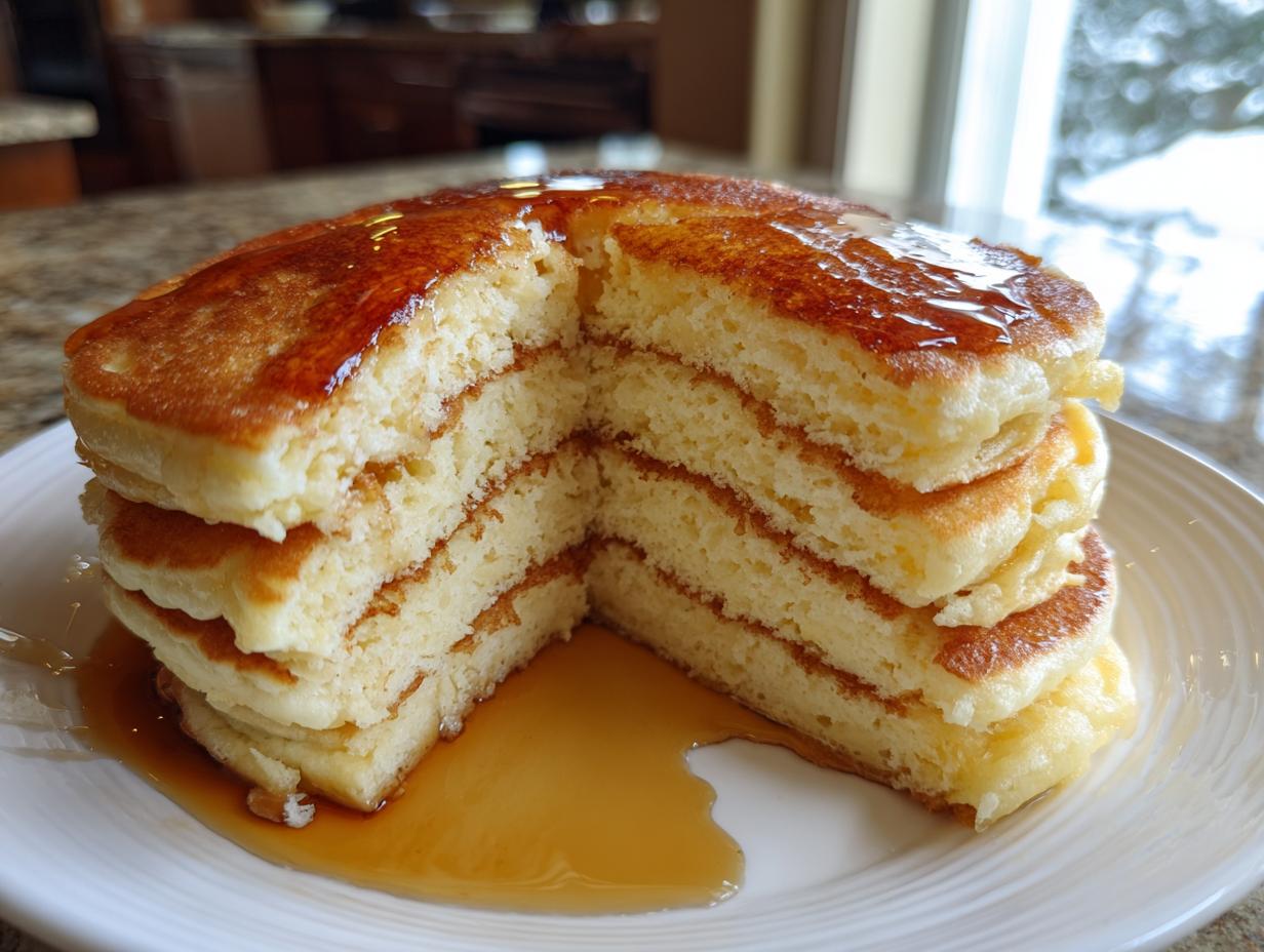 Stack of fluffy 3-ingredient pancakes drizzled with syrup on a white plate.
