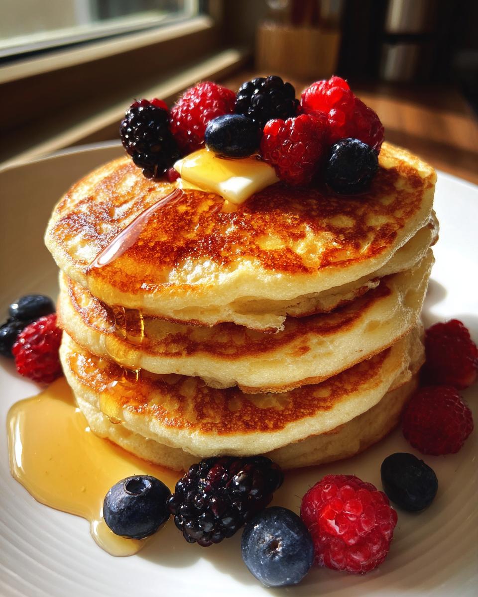 A stack of fluffy pancakes topped with butter, berries, and syrup, perfect for breakfast ideas.