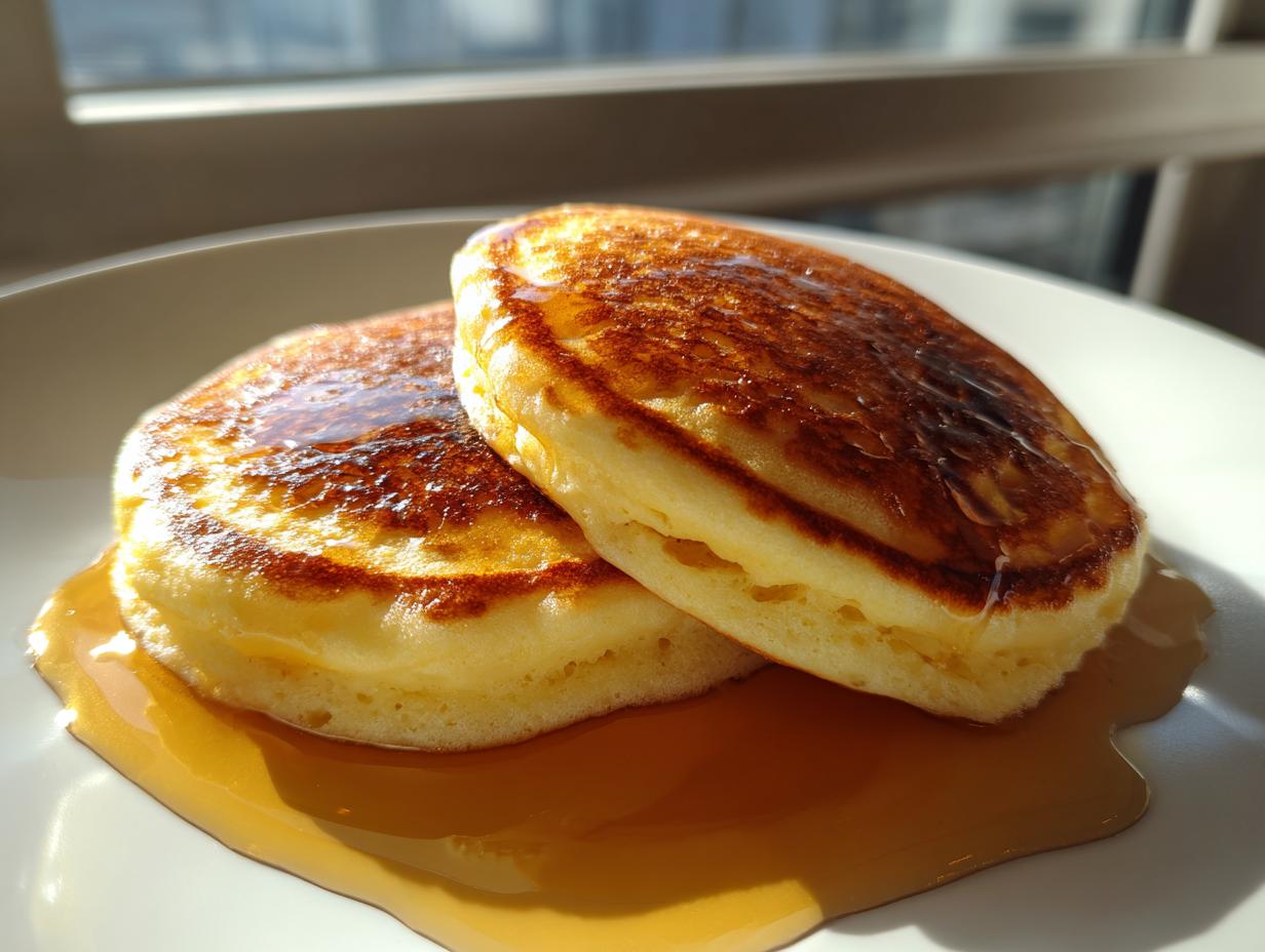 Two fluffy pancakes stacked on a white plate, drizzled with syrup, perfect for breakfast ideas.