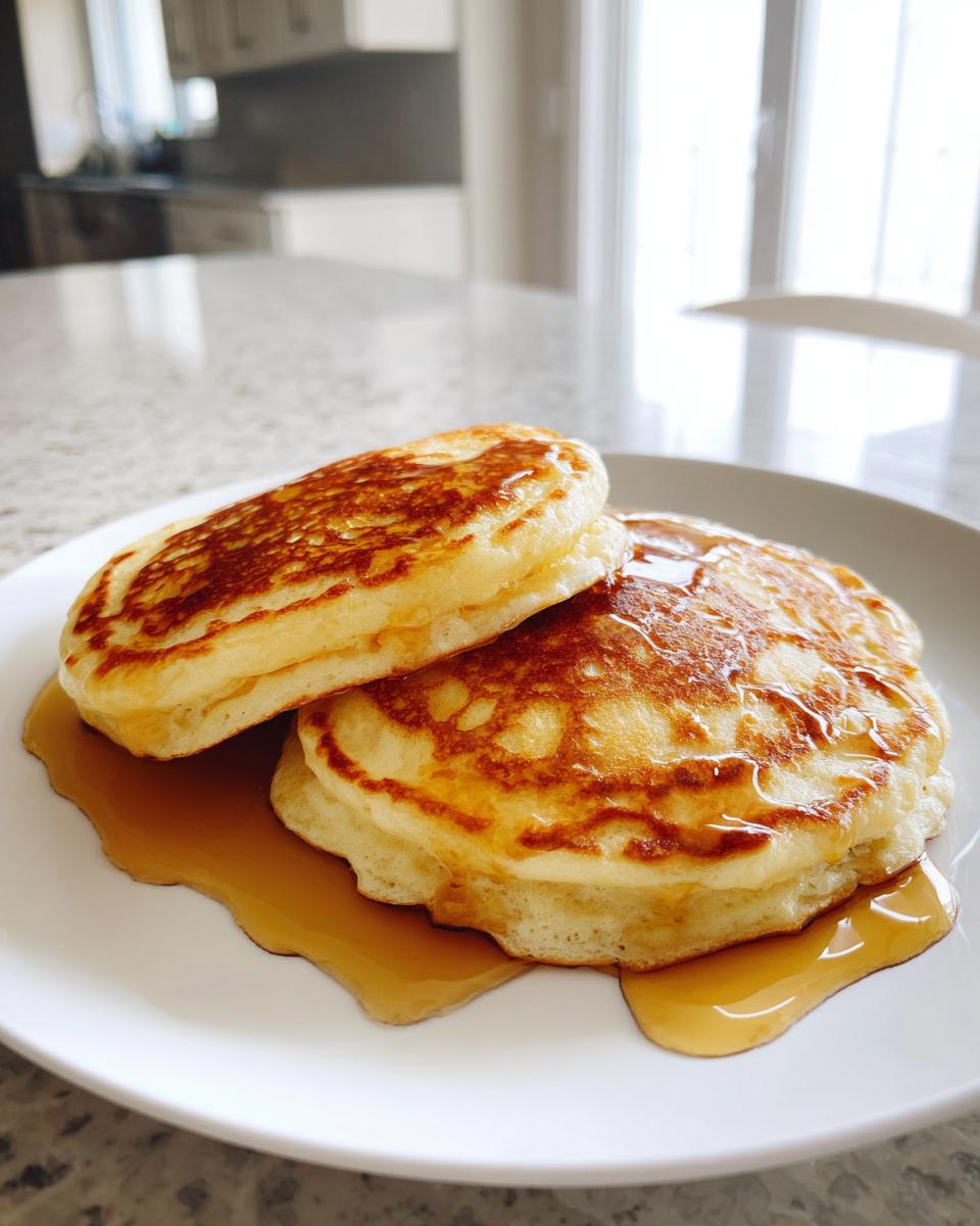 Stack of two fluffy pancakes drizzled with syrup, perfect for breakfast ideas.