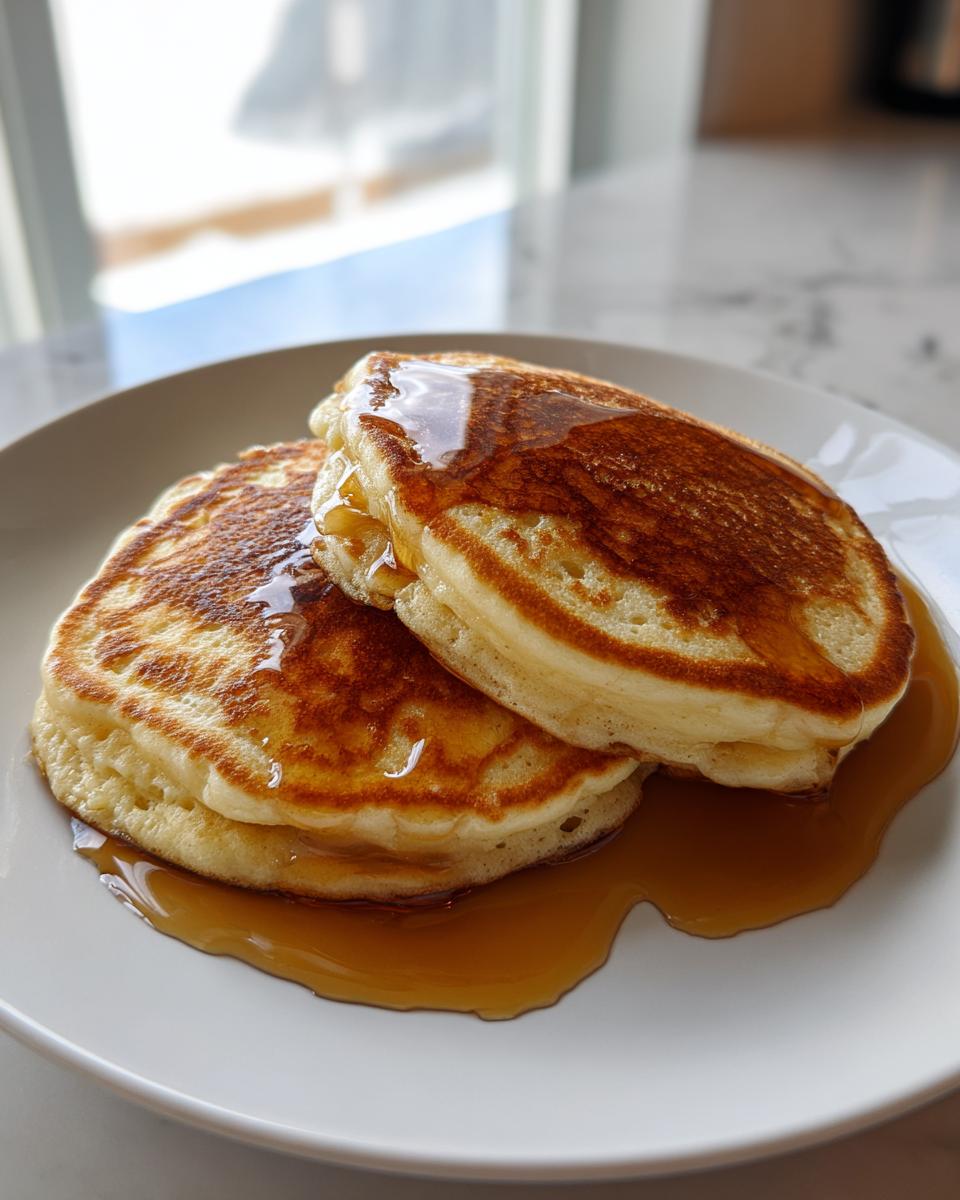 Two fluffy pancakes stacked on a white plate, drizzled with syrup. A perfect breakfast idea.