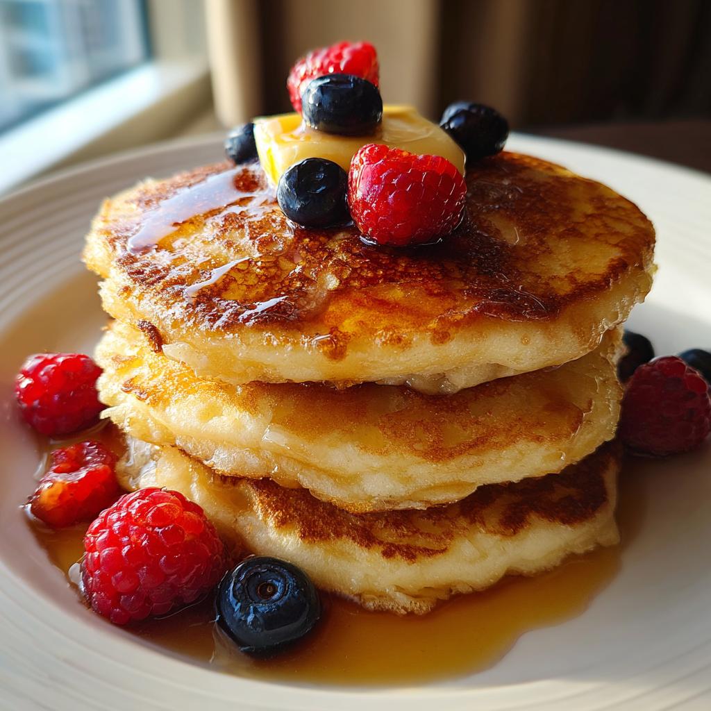 Stack of three fluffy pancakes topped with butter, blueberries, raspberries, and syrup. A perfect breakfast idea.