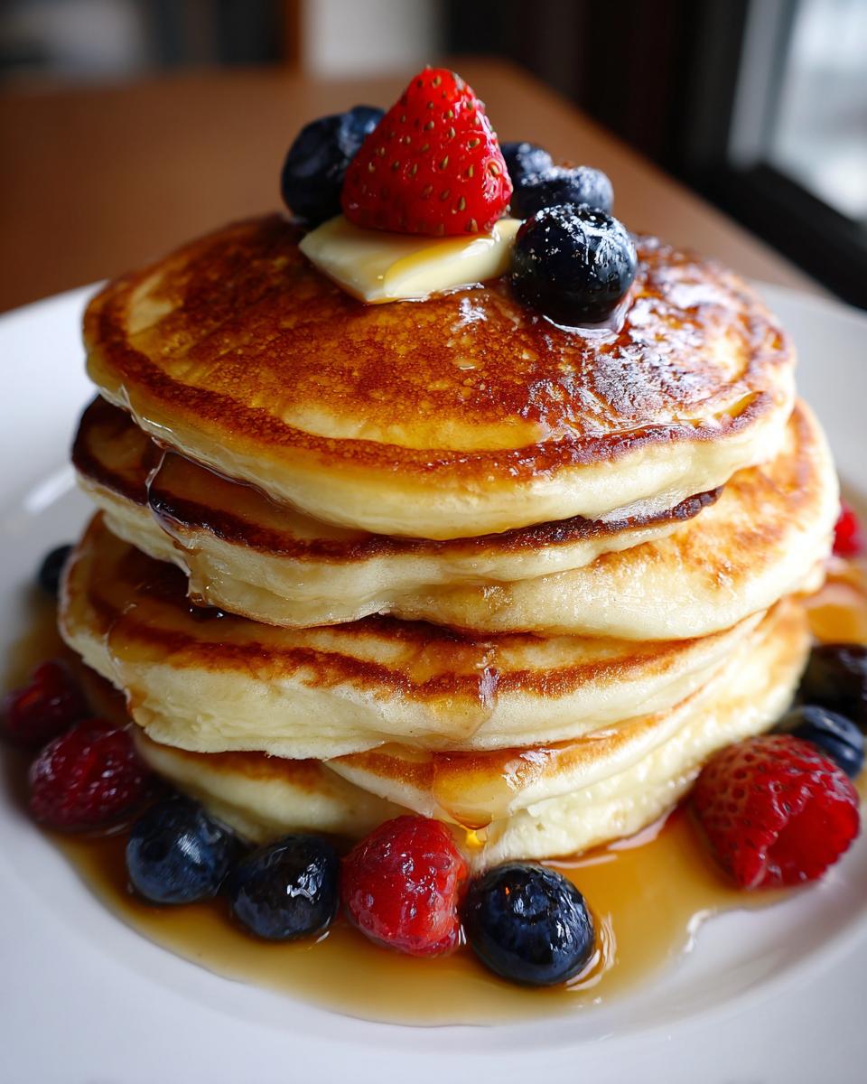 Stack of fluffy pancakes topped with butter, strawberries, blueberries, and syrup. A perfect breakfast idea.