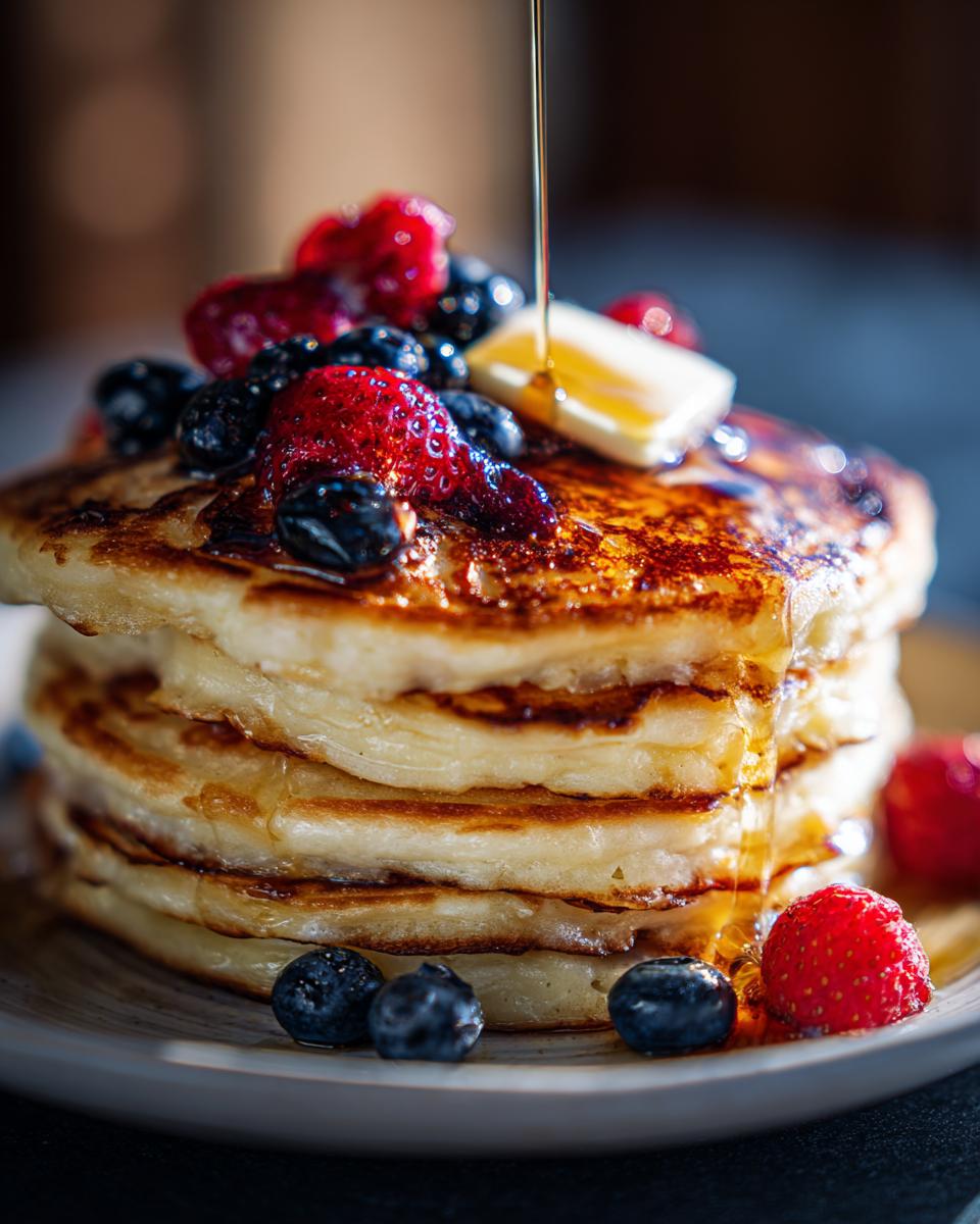 A tall stack of fluffy pancakes topped with fresh berries and a pat of butter, with syrup being drizzled on top. A perfect breakfast idea.