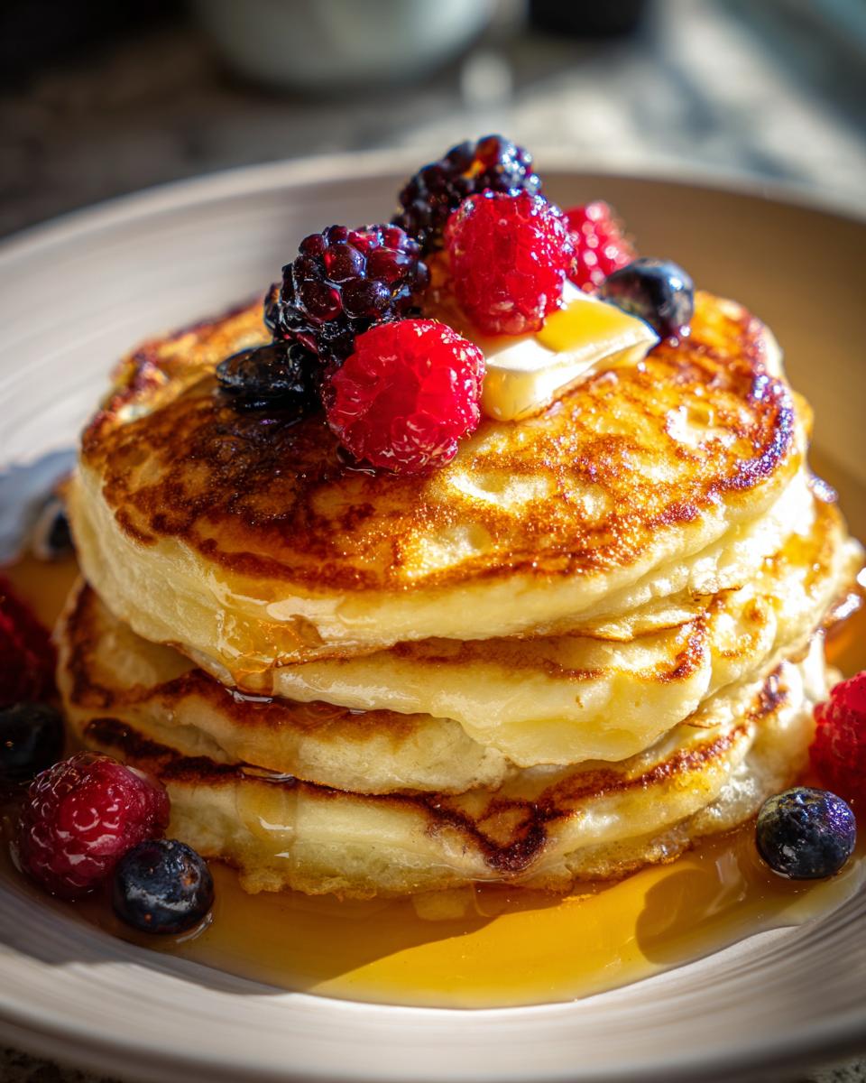 Stack of fluffy pancakes topped with butter, fresh berries, and syrup, perfect for breakfast ideas.