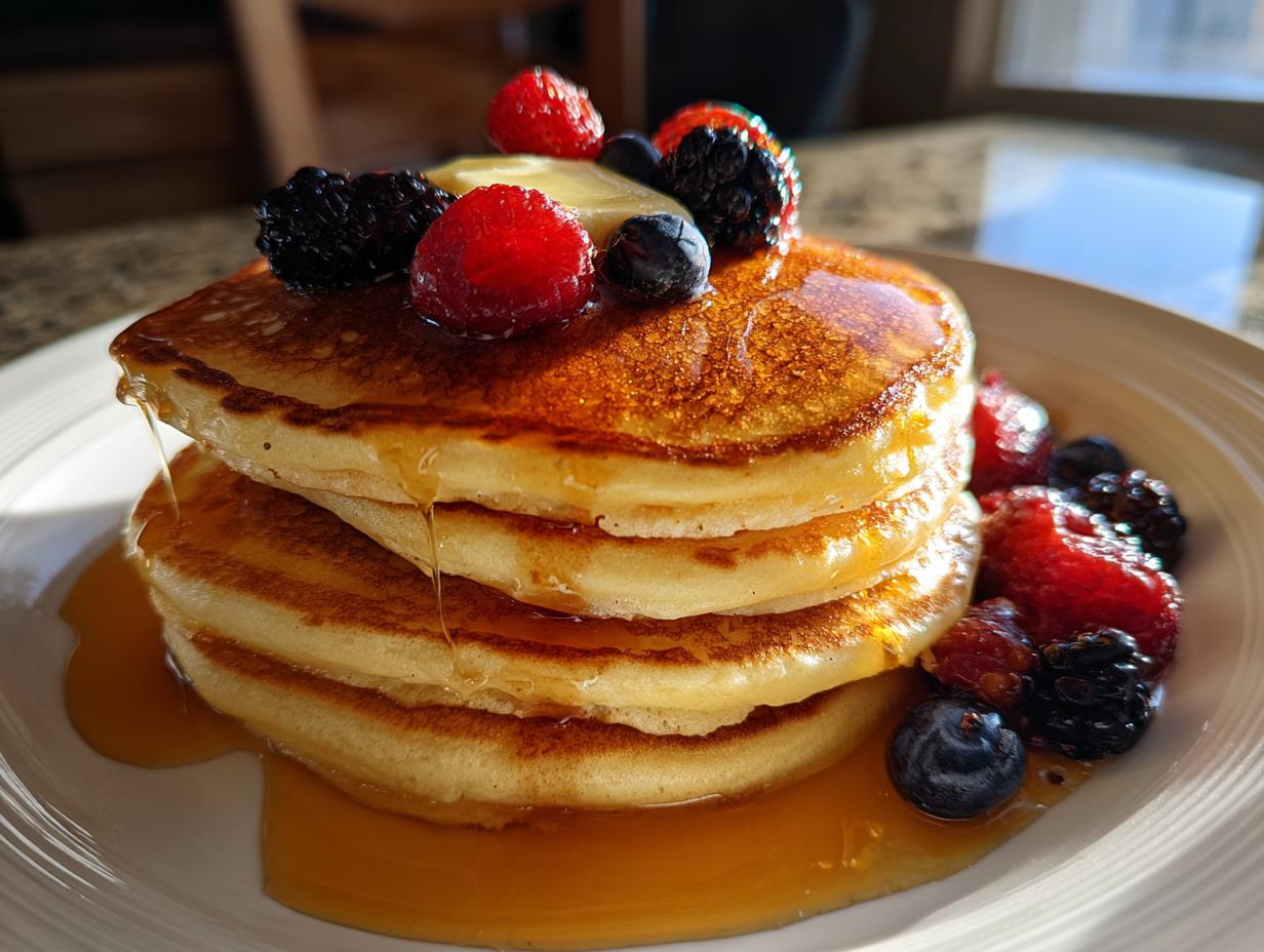 Stack of fluffy pancakes topped with butter, berries, and syrup, perfect for breakfast ideas.