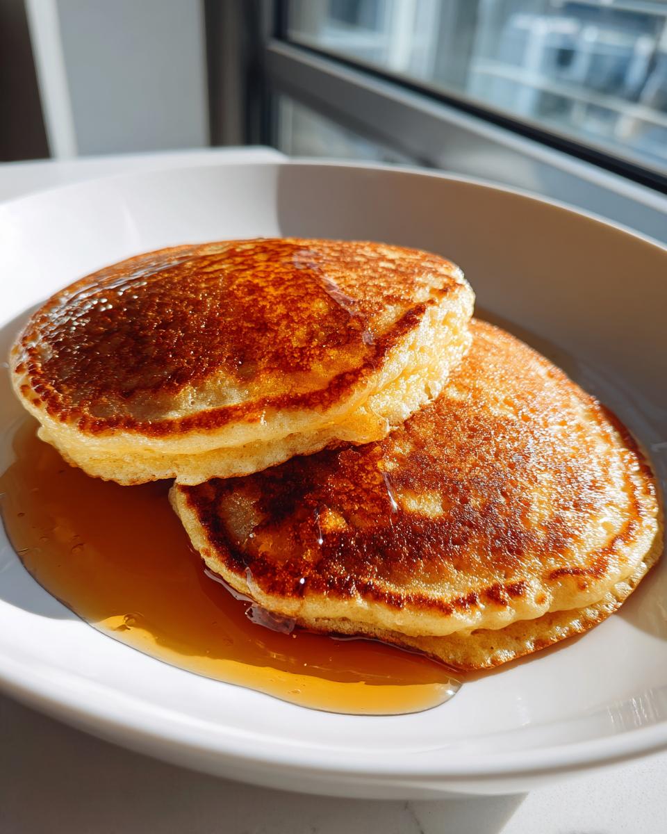 Close-up of two fluffy pancakes drizzled with syrup, perfect for breakfast ideas.