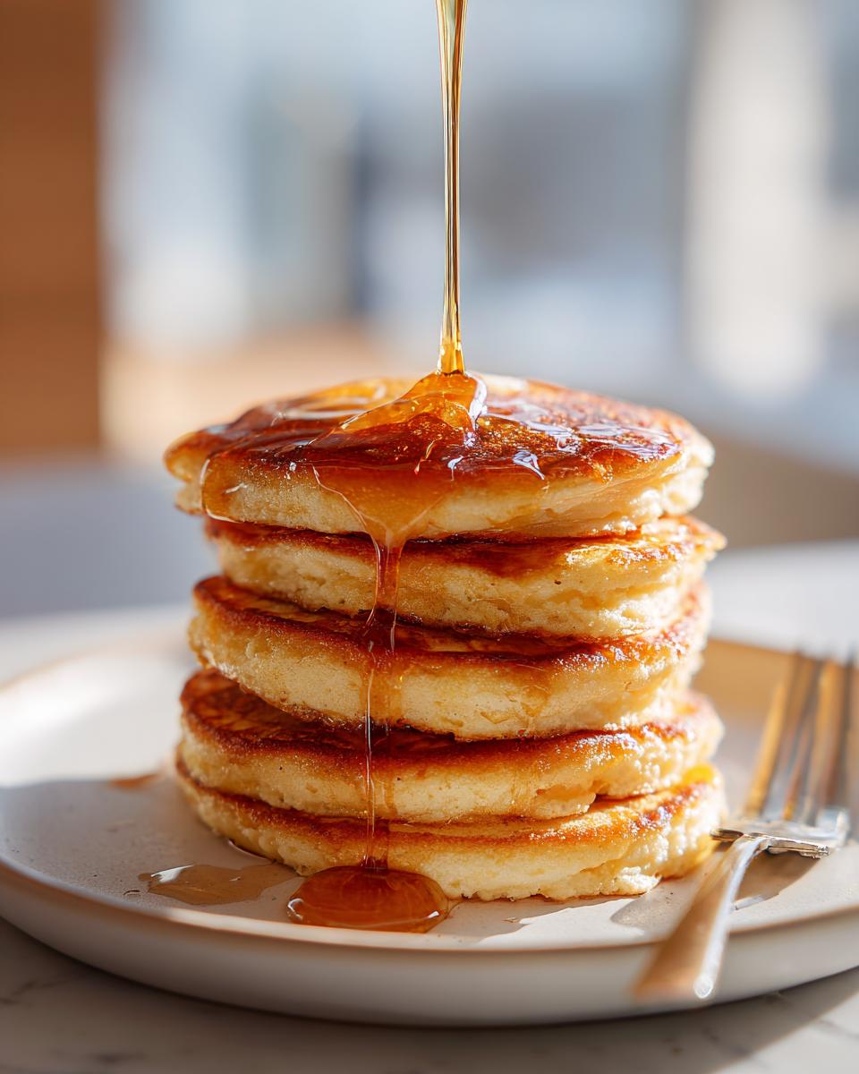 A tall stack of fluffy pancakes being drizzled with golden maple syrup, a fork rests on the side of the plate.