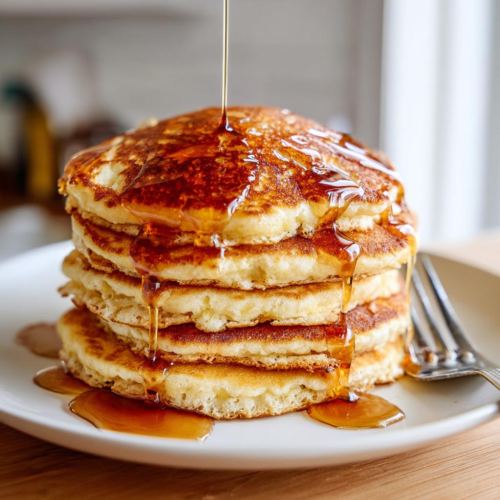 A tall stack of fluffy pancakes from our pancakes recipes, generously drizzled with golden maple syrup.