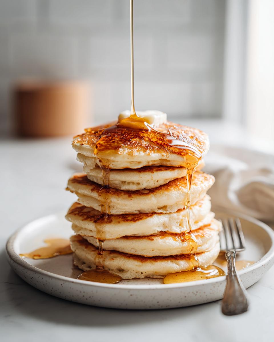 A tall stack of fluffy pancakes recipes, drizzled with golden syrup and topped with a pat of butter.