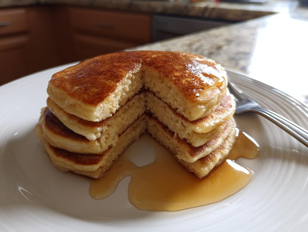 A stack of fluffy pancakes recipes drizzled with maple syrup on a white plate, with a fork to the side.