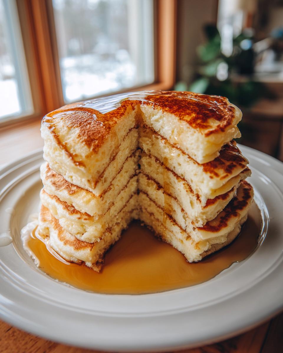 Close-up of a stack of fluffy pancakes with syrup poured over, perfect breakfast ideas.