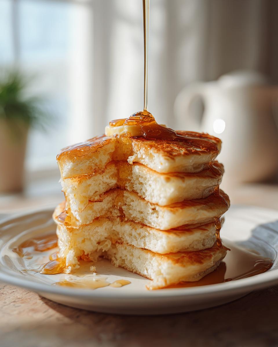 Stack of fluffy pancakes with syrup being poured over and a pat of butter on top