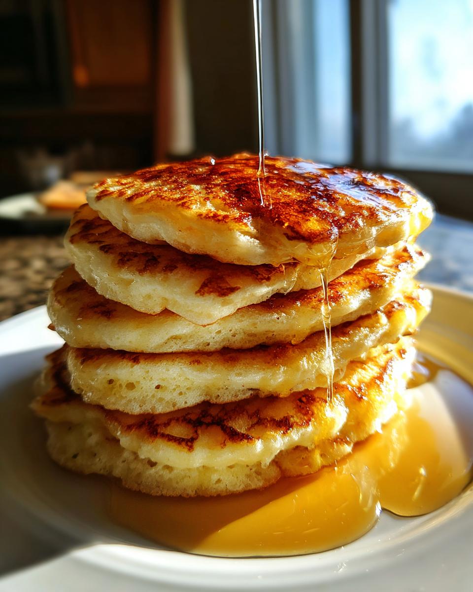 Stack of fluffy pancakes with syrup being poured over, showcasing a golden crispy texture.