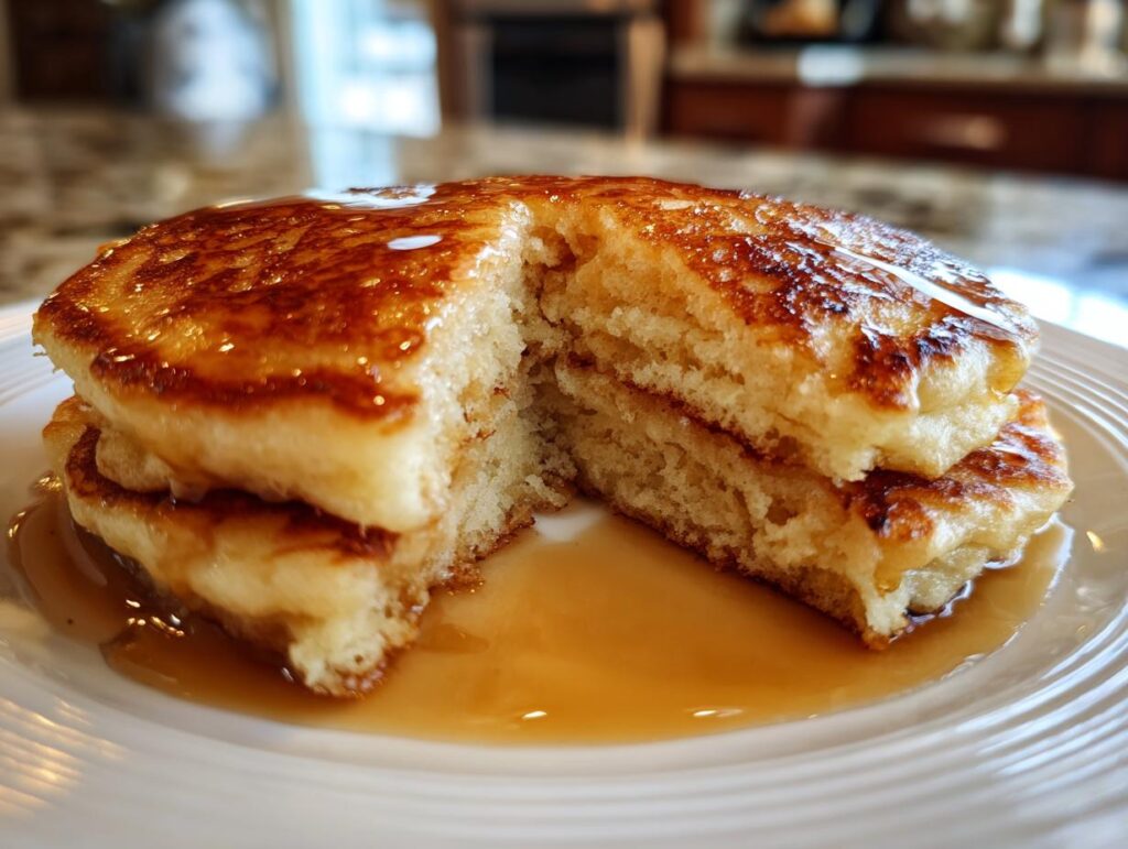 Close-up of fluffy pancakes cut in half with syrup dripping on a white plate