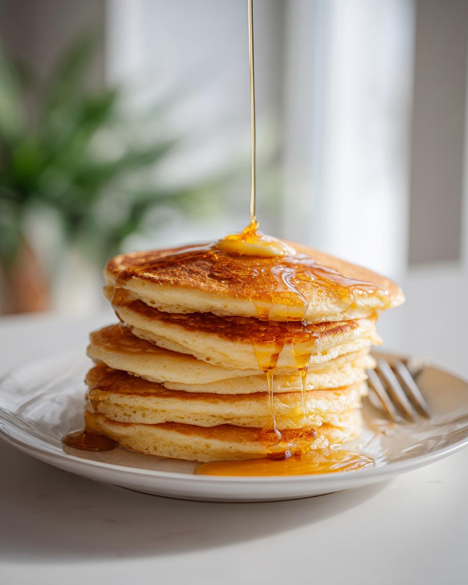 A stack of fluffy pancakes with butter and syrup being drizzled on top.