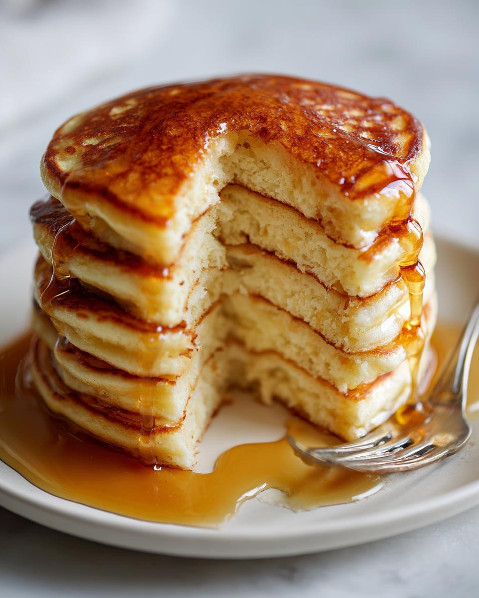 A stack of fluffy pancakes with a bite taken out, drizzled with golden syrup.