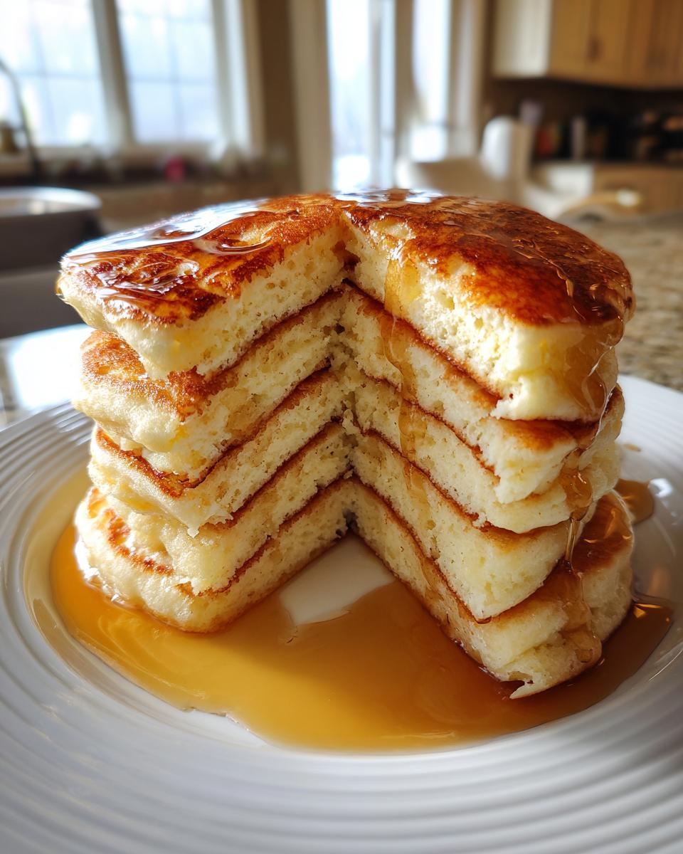 Close-up of a stack of fluffy pancakes drizzled with syrup on a white plate.