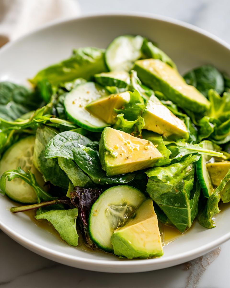 Close-up of fresh green salad with avocado chunks, cucumber slices, and mixed greens on a white plate.