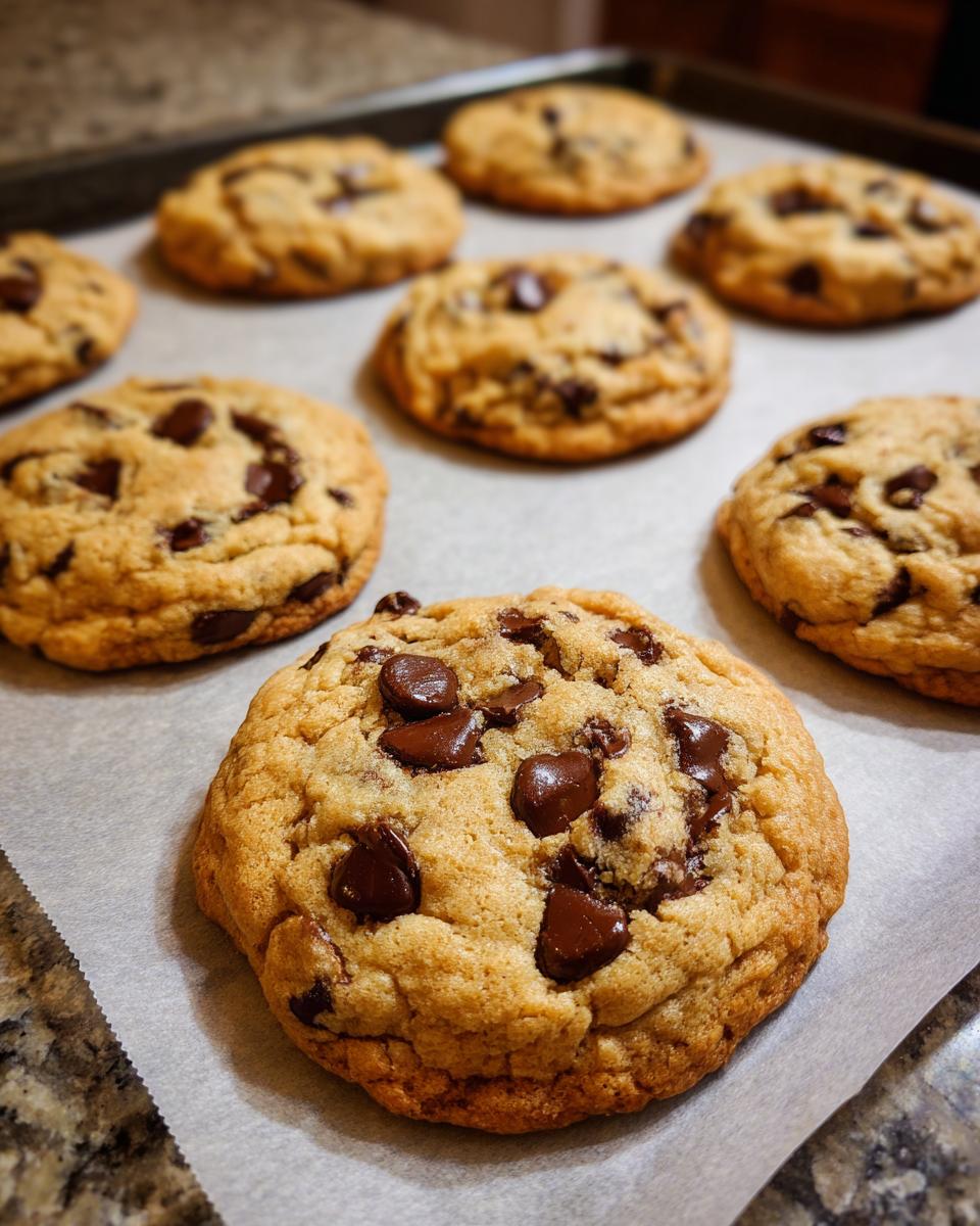 Close-up of freshly baked chocolate chip cookies with melted chocolate on parchment paper