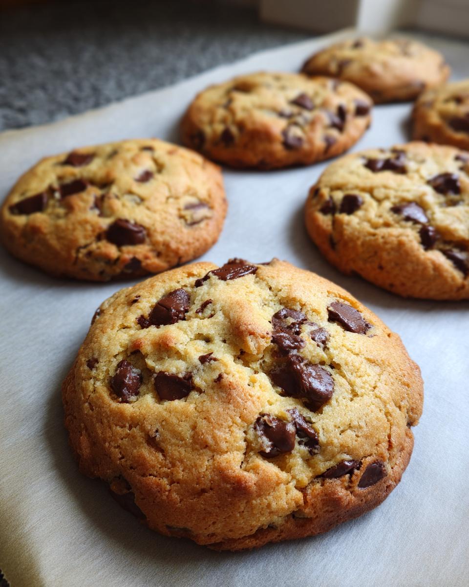 Close-up view of freshly baked chocolate chip cookies with melted chips on a baking sheet
