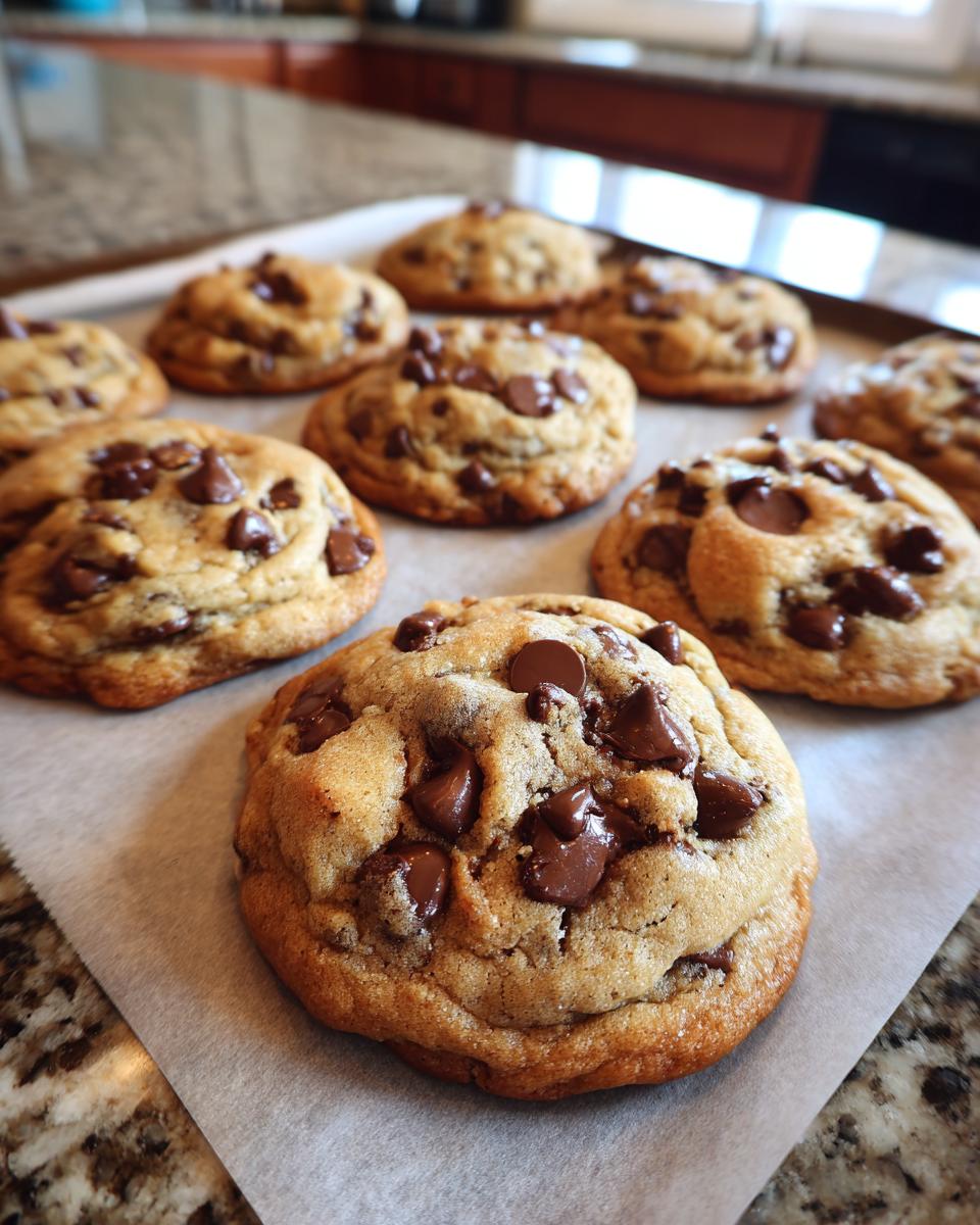 Close-up of freshly baked chocolate chip cookies on a parchment-lined baking sheet.