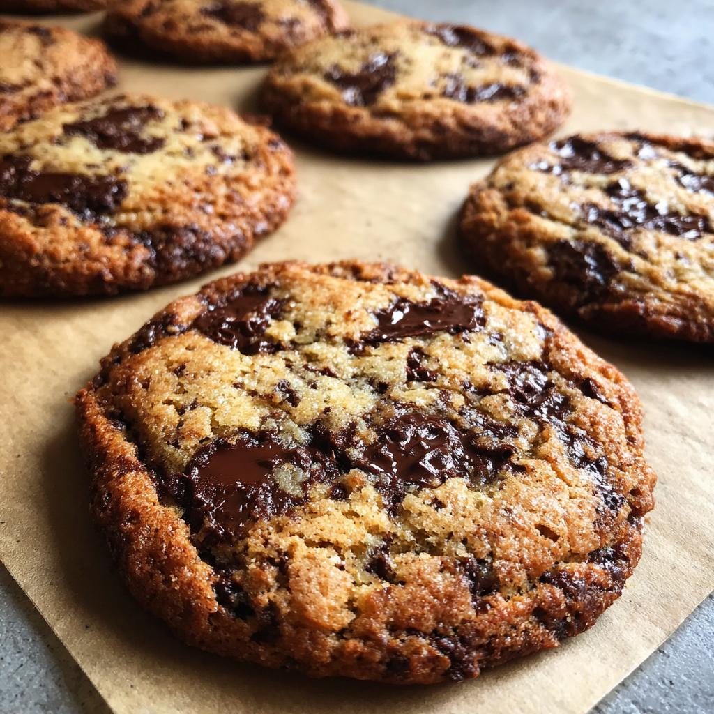 Freshly baked chocolate chip cookies with melty chocolate chunks on parchment paper.