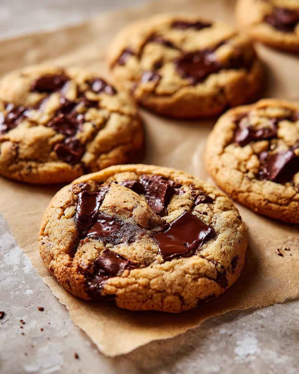 Close-up of freshly baked chocolate chip cookies with melted chunks on parchment paper