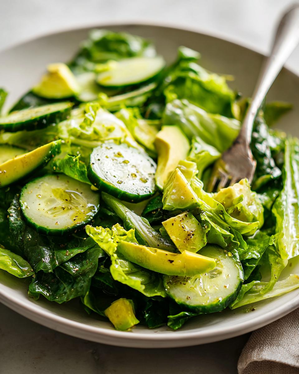 A bowl of fresh green salad with lettuce, cucumber slices, avocado, and olive oil dressing for healthy dinner recipes