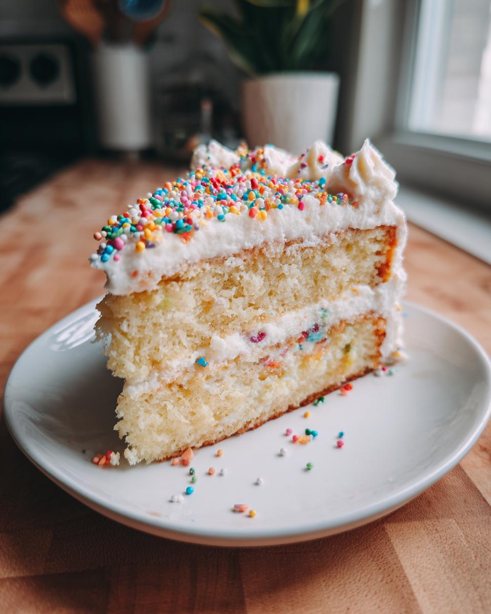 A slice of funfetti cake with white frosting and colorful sprinkles, perfect for new years desserts.