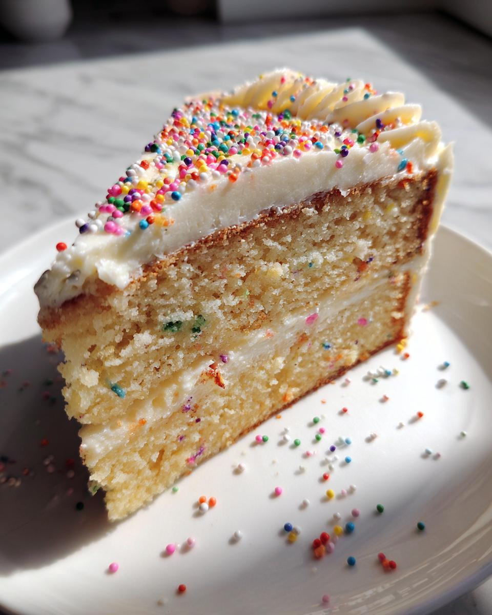 A slice of funfetti cake with white frosting and colorful sprinkles, perfect for new years desserts.