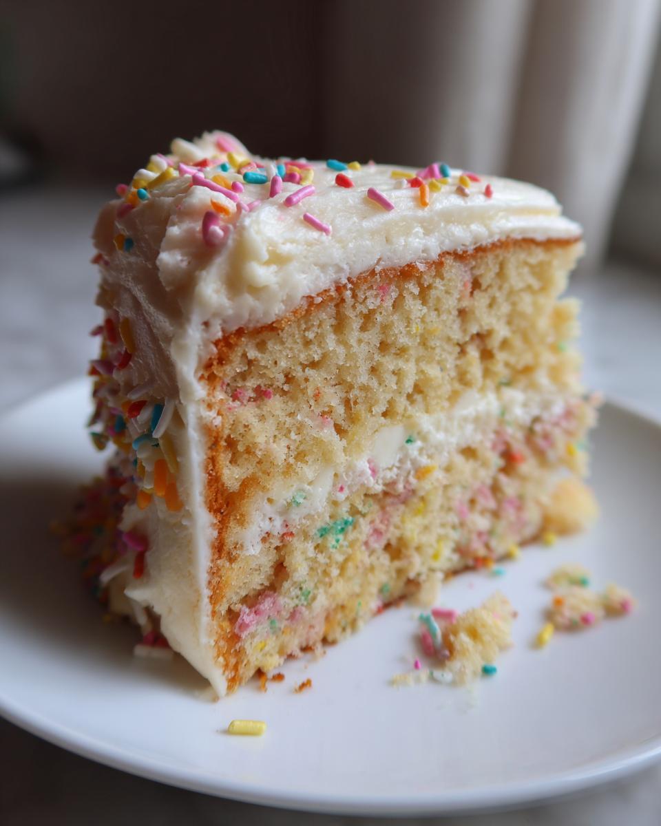 A slice of festive funfetti cake with white frosting and colorful sprinkles, perfect for new years desserts.