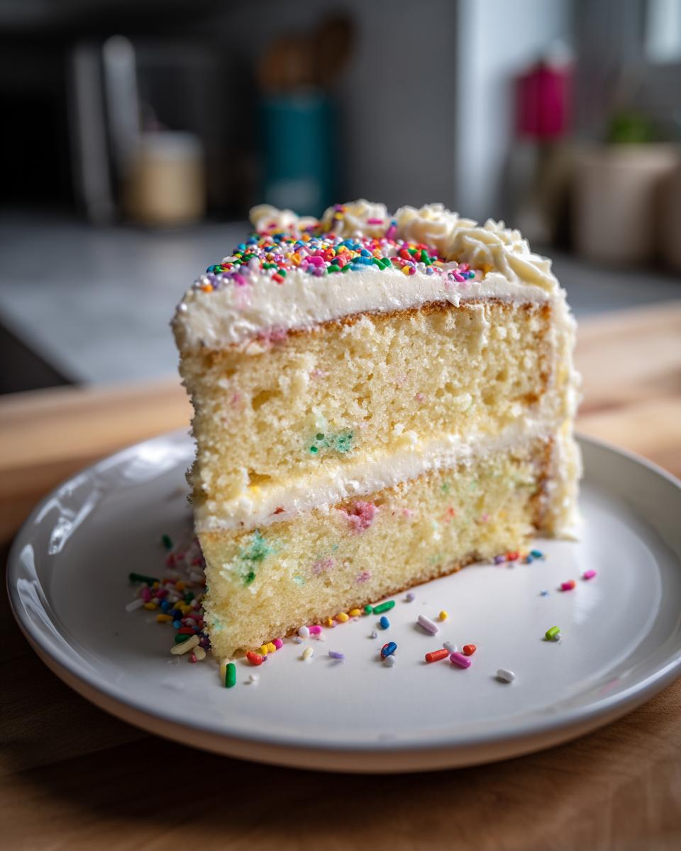 A slice of funfetti cake with white frosting and colorful sprinkles, perfect for New Years desserts.