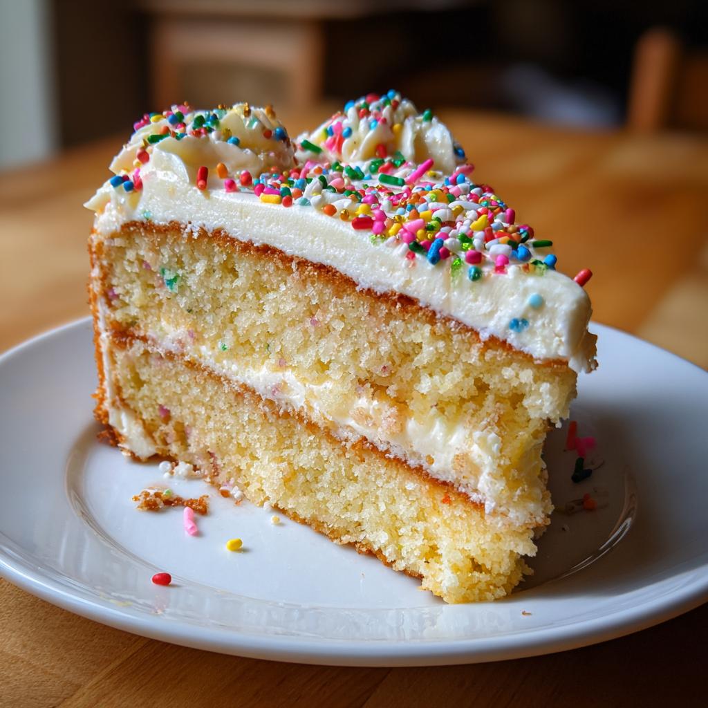 A delicious slice of funfetti cake with white frosting and colorful sprinkles, perfect for new years desserts.