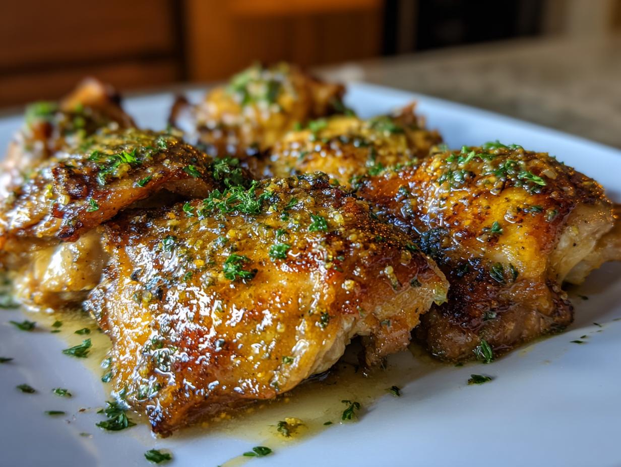 Golden garlic butter chicken thighs garnished with fresh herbs on a white plate.