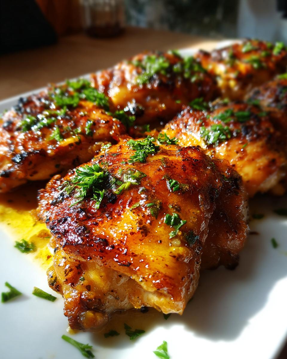 Close-up of juicy garlic butter chicken thighs garnished with fresh herbs on a white plate.