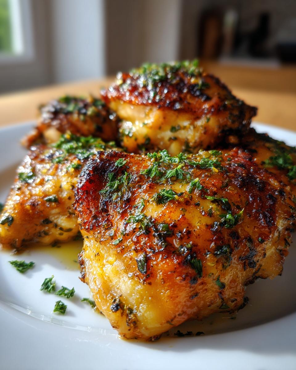 Close-up of juicy garlic butter chicken thighs, seasoned and garnished with fresh parsley.