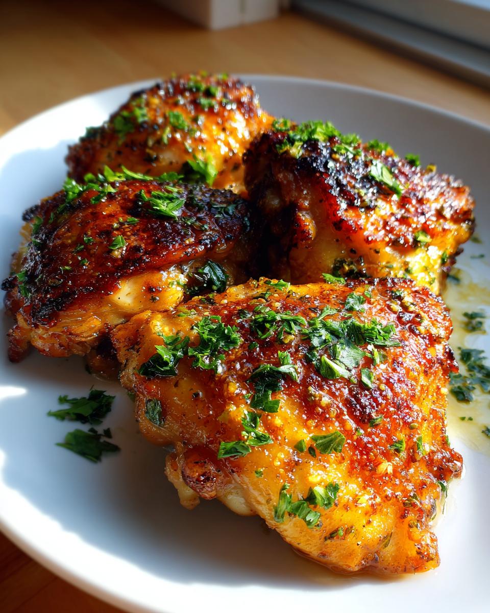 Close-up of four juicy garlic butter chicken thighs, garnished with fresh parsley, on a white plate.