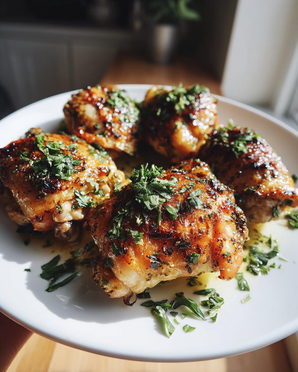 A plate of five golden-brown garlic butter chicken thighs, generously sprinkled with fresh parsley, perfect for chicken thigh dinner ideas.