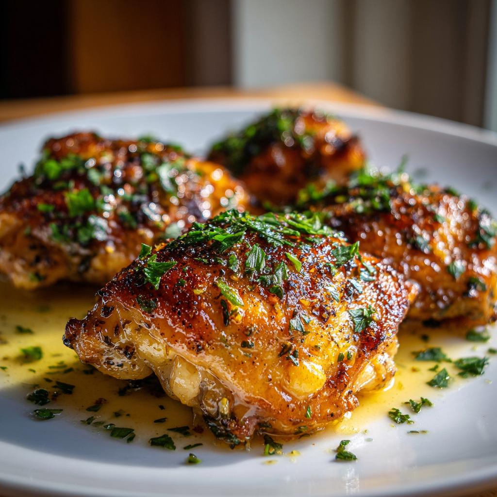 Close-up of four juicy garlic butter chicken thighs, garnished with fresh parsley, served on a white plate.
