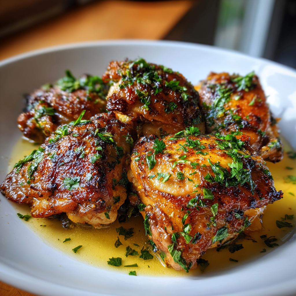 Golden garlic butter chicken thighs garnished with fresh herbs in a white bowl, with sauce.